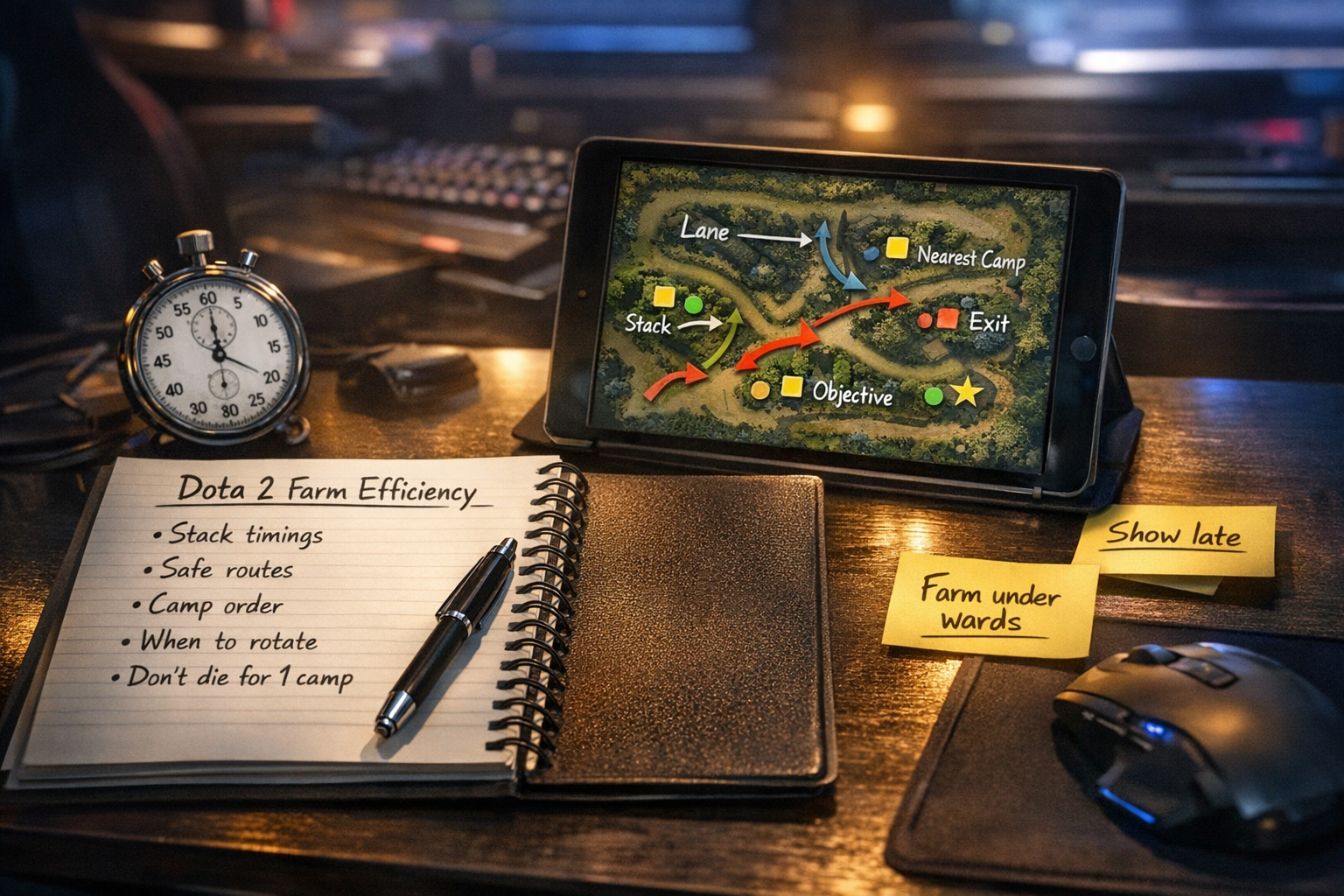 Cinematic Dota 2 coaching desk showing stacking timers, farming route notes, and risk checklist