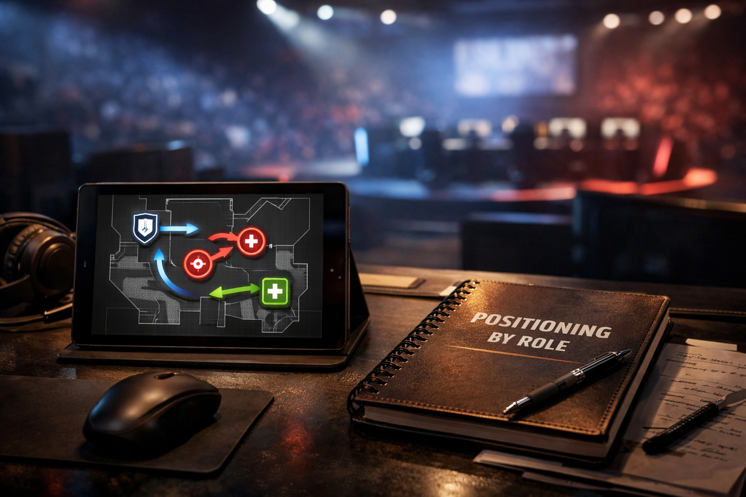 Cinematic coaching desk visual for Overwatch 2 positioning by role