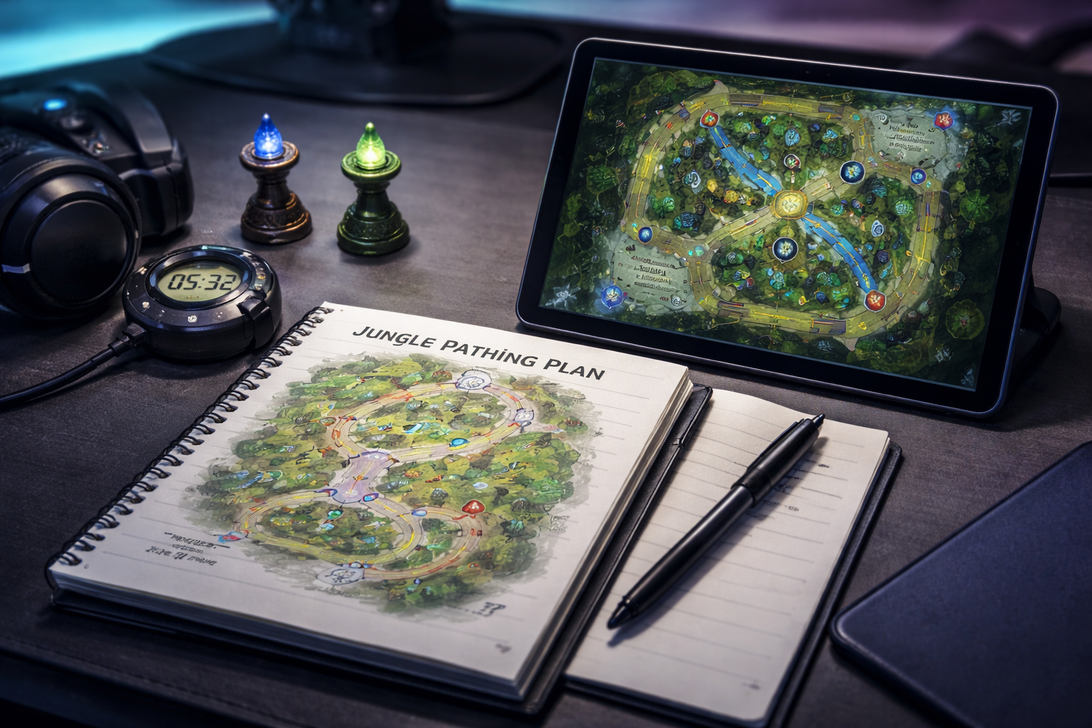 Cinematic coaching desk scene with jungle route notes and a generic MOBA map