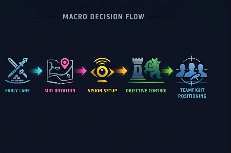 LoL macro decision flow infographic for replay analysis guide