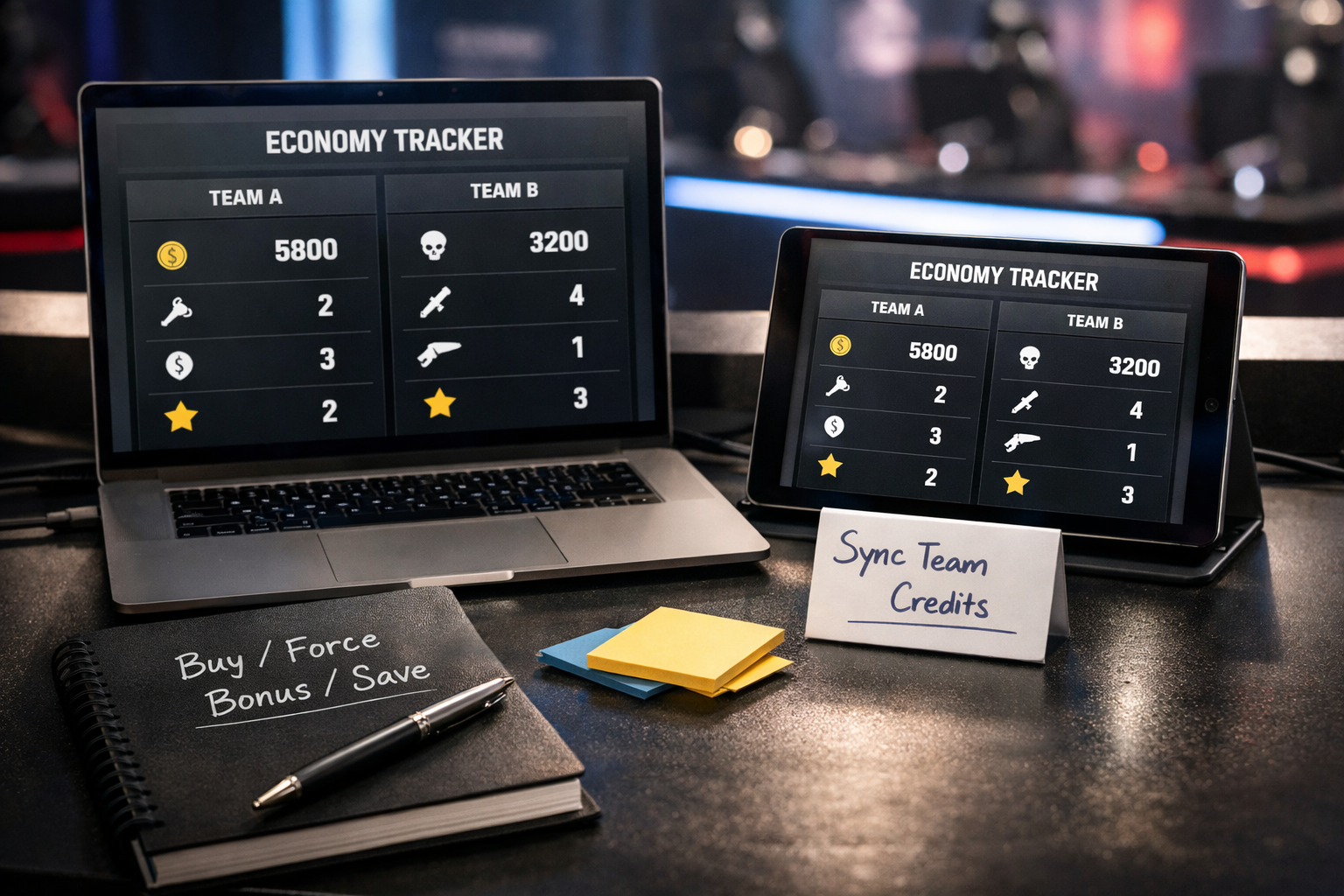Photoreal coaching desk scene showing a generic VALORANT economy tracker