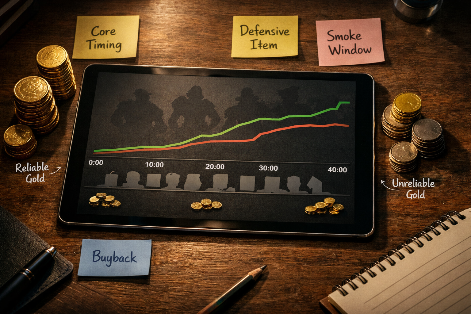 Dota 2 gold management illustration with timing milestones and buyback planning