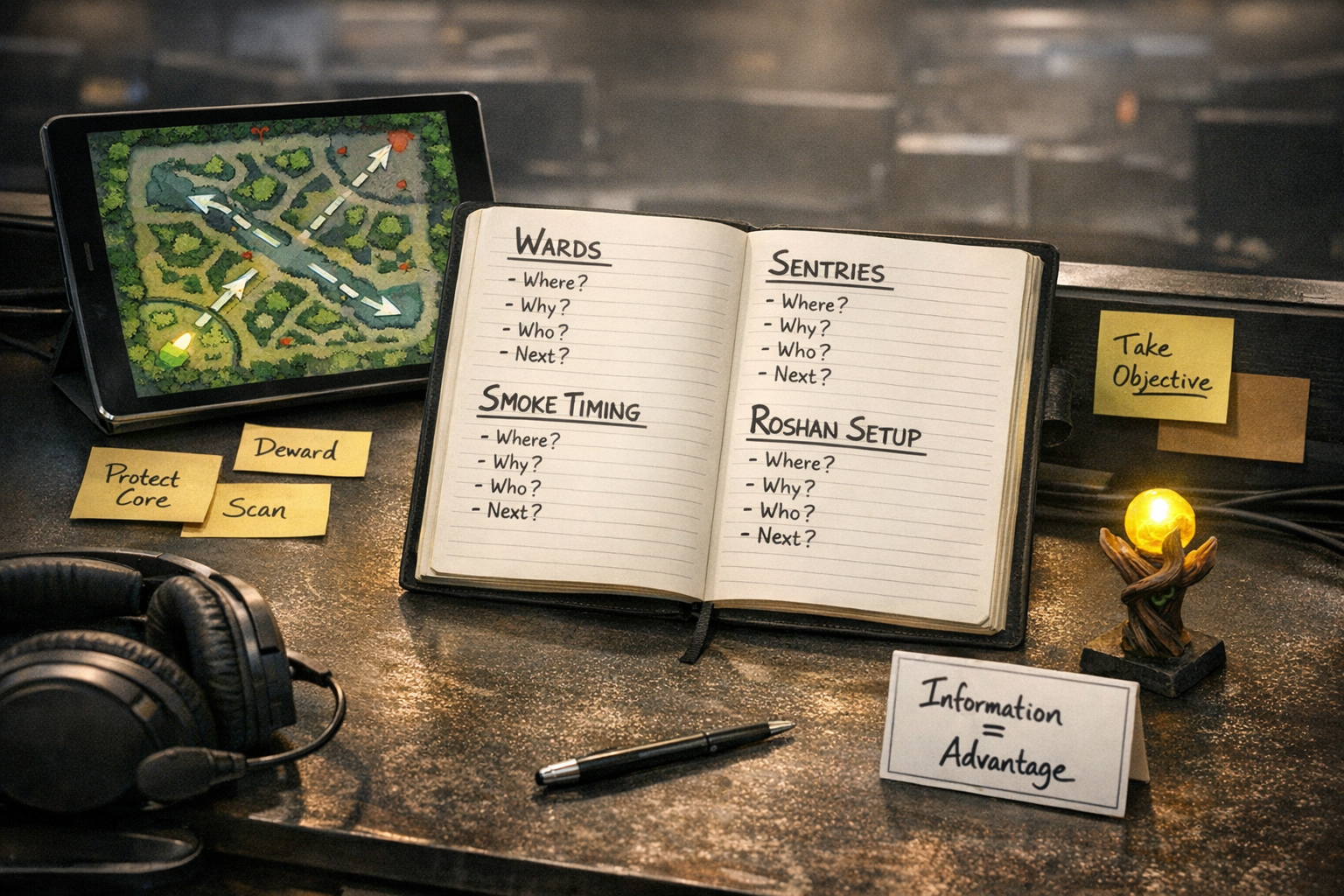 Photoreal coaching desk scene showing Dota 2 warding, dewarding, and smoke planning notes