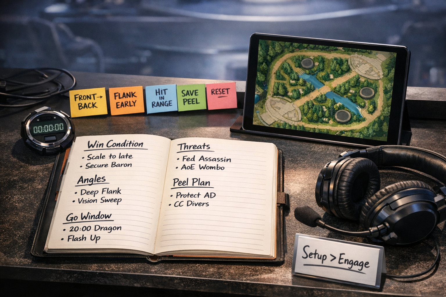 Photoreal coaching desk scene illustrating LoL front-to-back formation and flank timing notes