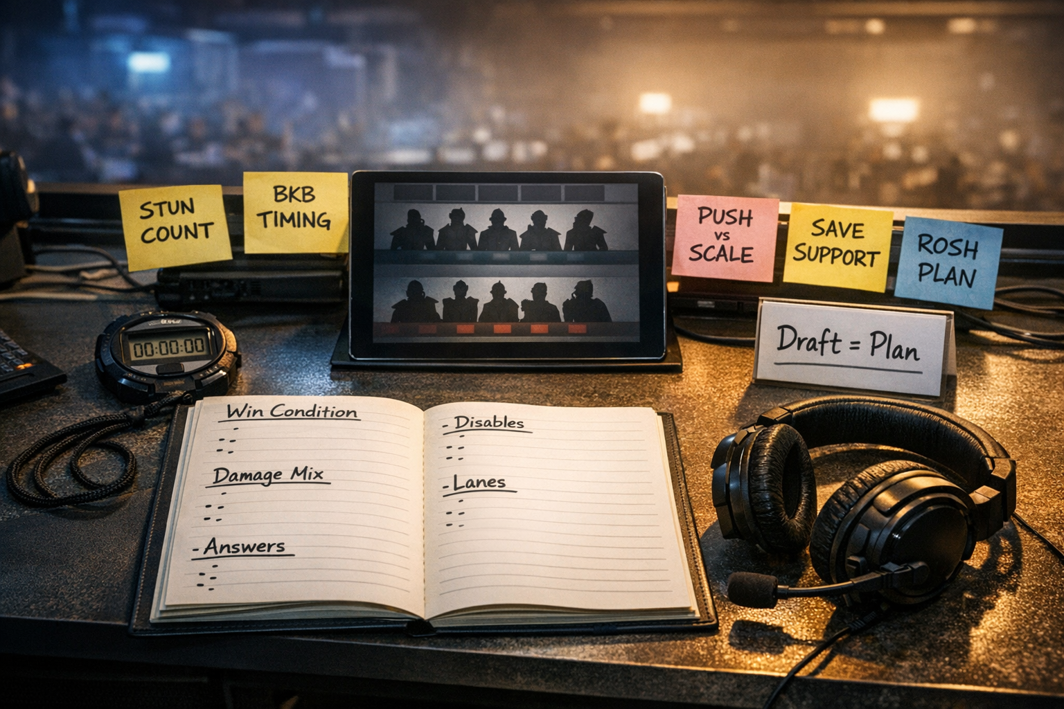  Cinematic coaching desk for Dota 2 drafting with notes on win conditions, disables, and damage mix.