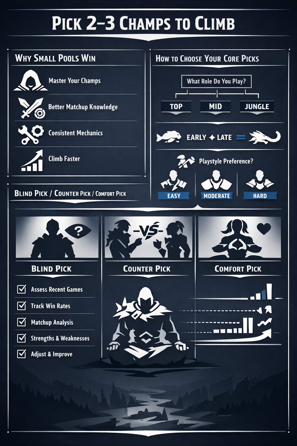 LoL ranked improvement infographic about choosing two to three champions for climbing