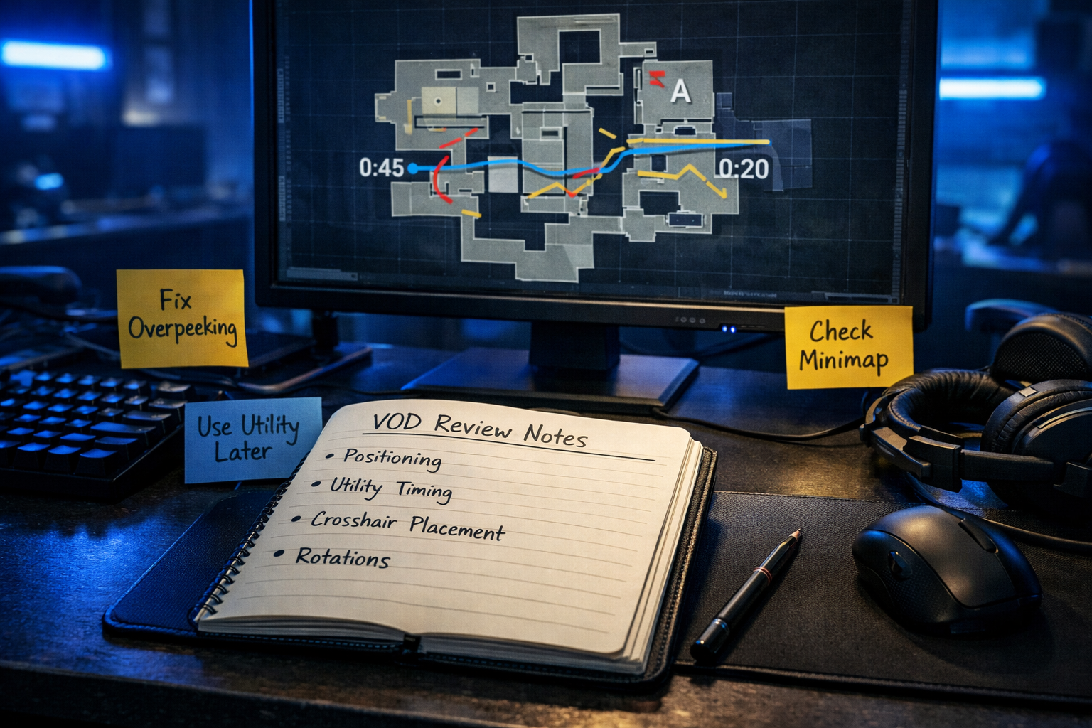 esports coaching desk analyzing Valorant gameplay VOD review strategy and tactical notes