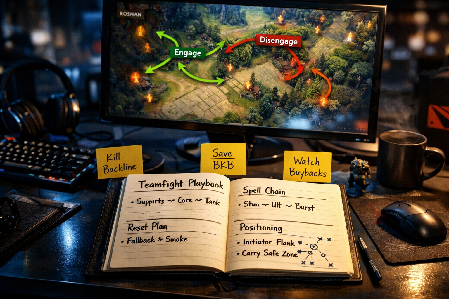 Esports coaching desk analyzing Dota 2 teamfight strategy and target priority planning.