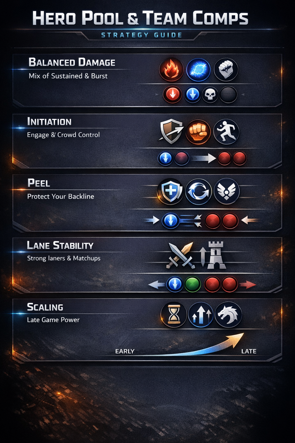 Deadlock hero pool and team comp infographic showing draft principles and counterplay fundamentals. -->