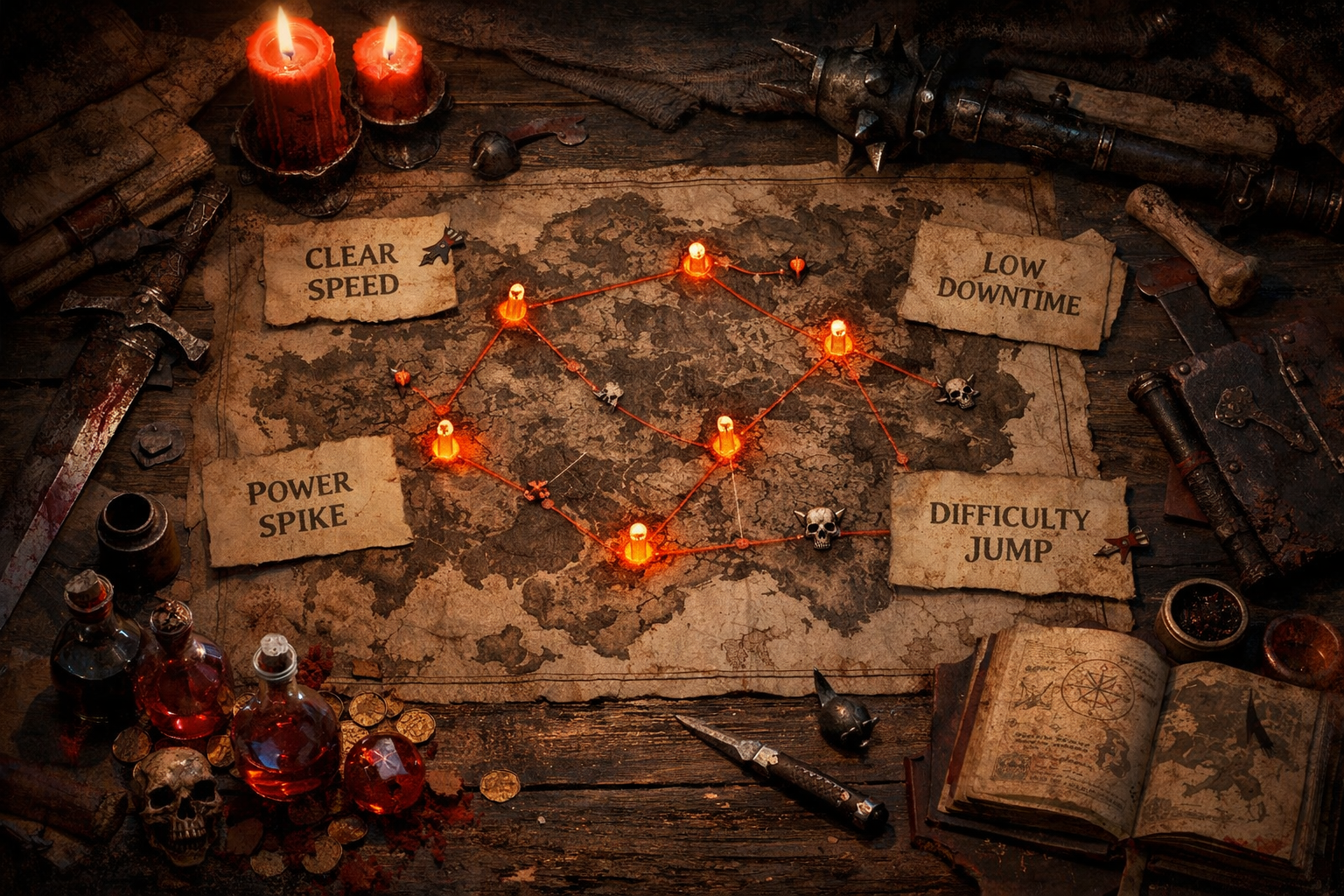 Diablo IV leveling strategy map with route planning, power spikes, and efficient progression notes