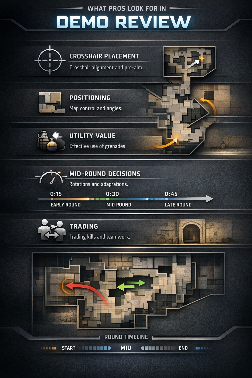 Counter-Strike 2 infographic showing key demo review principles like positioning timing and utility -->
