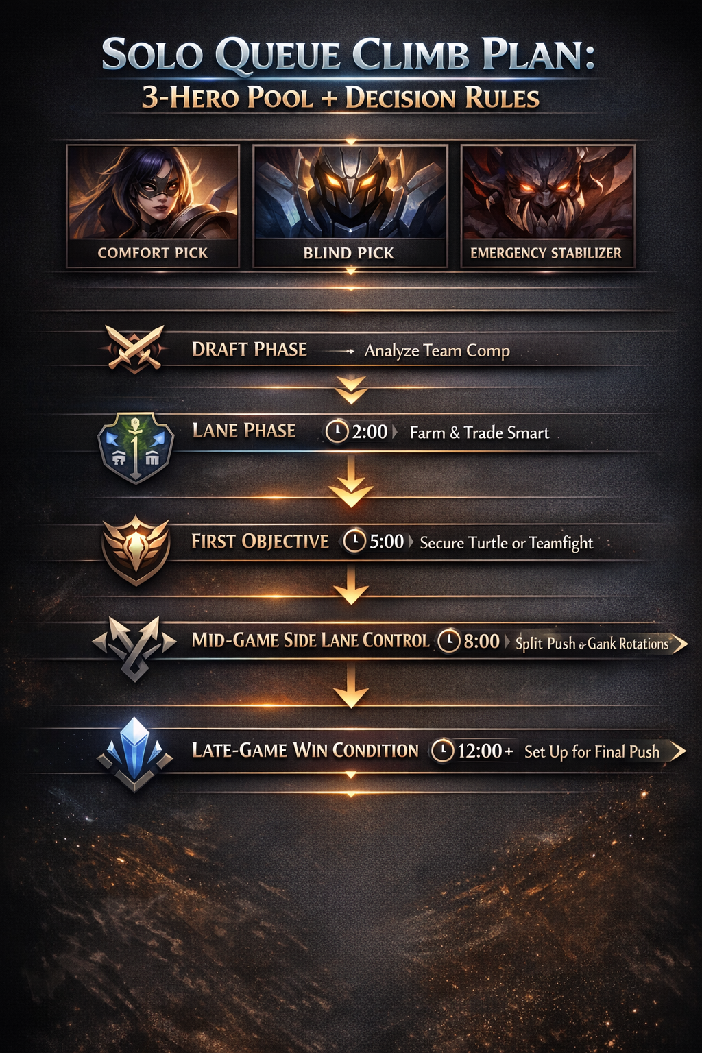 Mobile Legends infographic explaining 3 hero pool strategy and solo queue decision rules