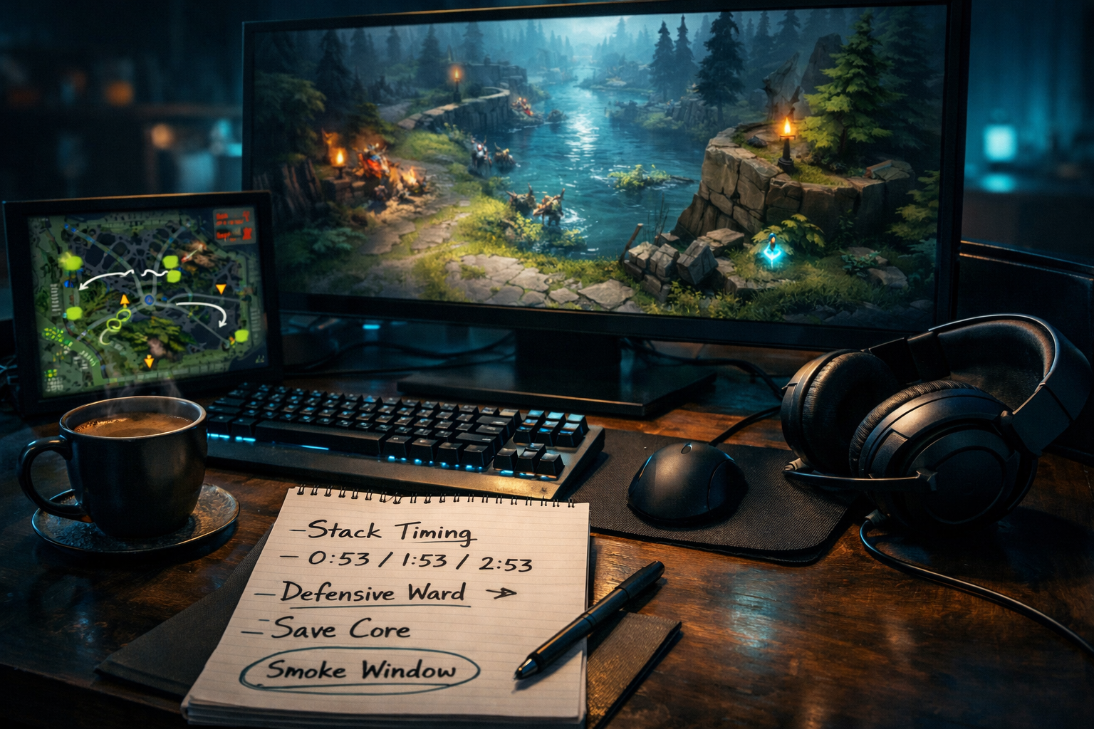 Cinematic Dota 2 support coaching scene with ward notes stack timings and map control planning