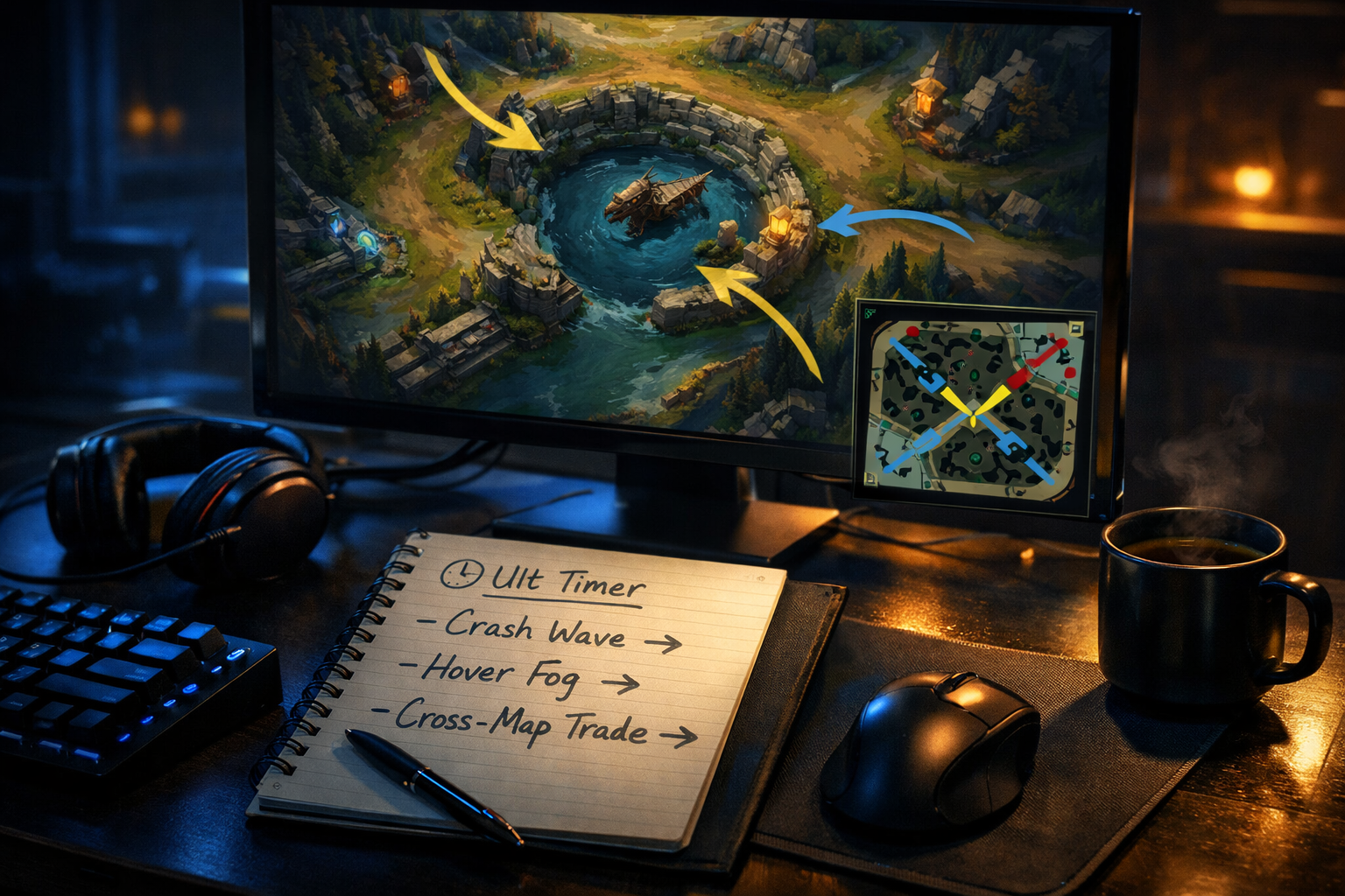 Cinematic LoL strategy desk with macro notes about ult timers wave crashes and cross-map objective trades -->