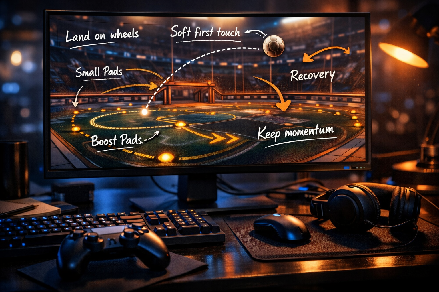 Cinematic Rocket League coaching desk setup with mechanical warm-up notes for recoveries, first touch, and car control.