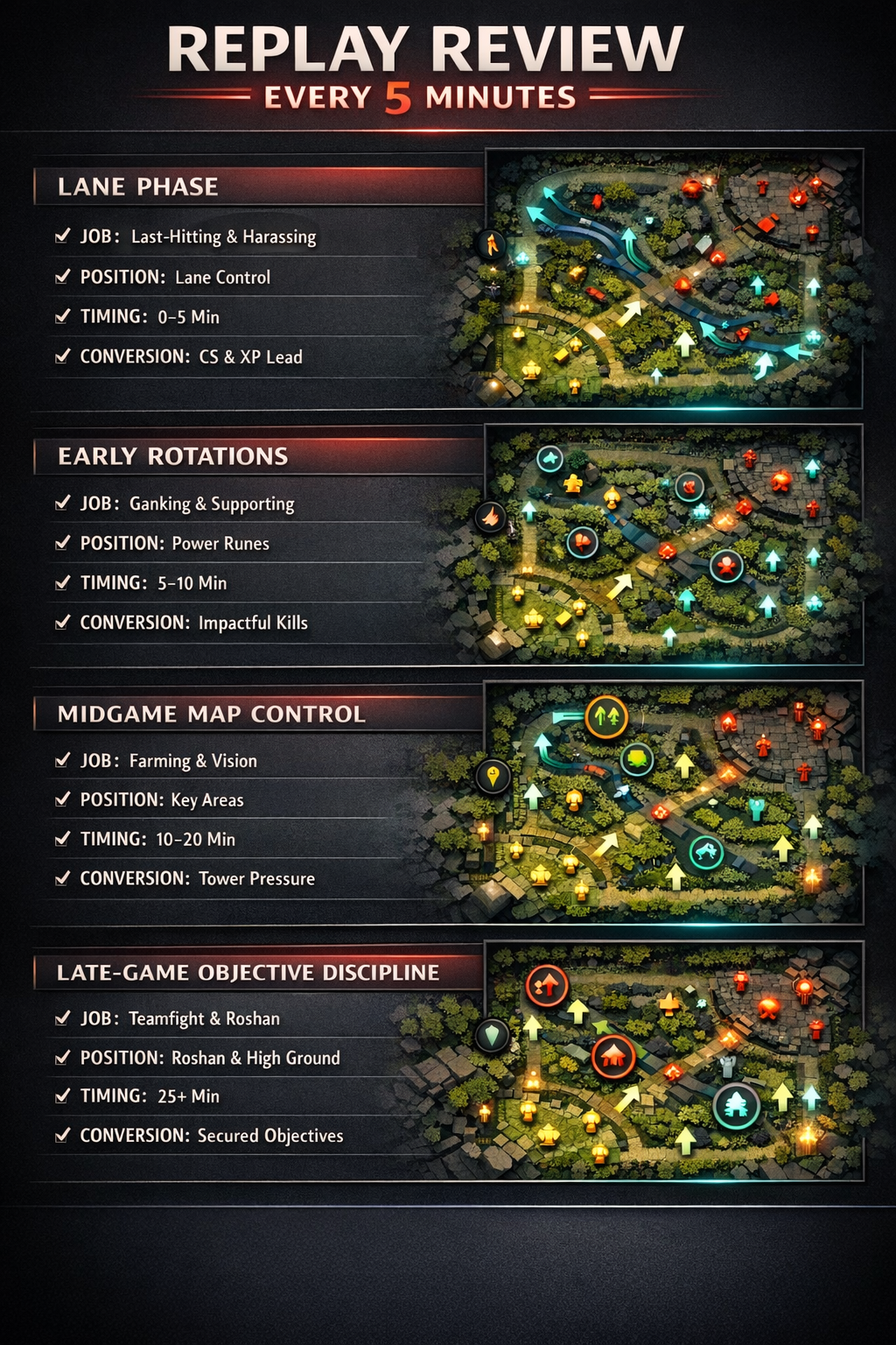 Dota 2 replay review infographic showing 5-minute checklist for lane, rotations, map control, and objectives