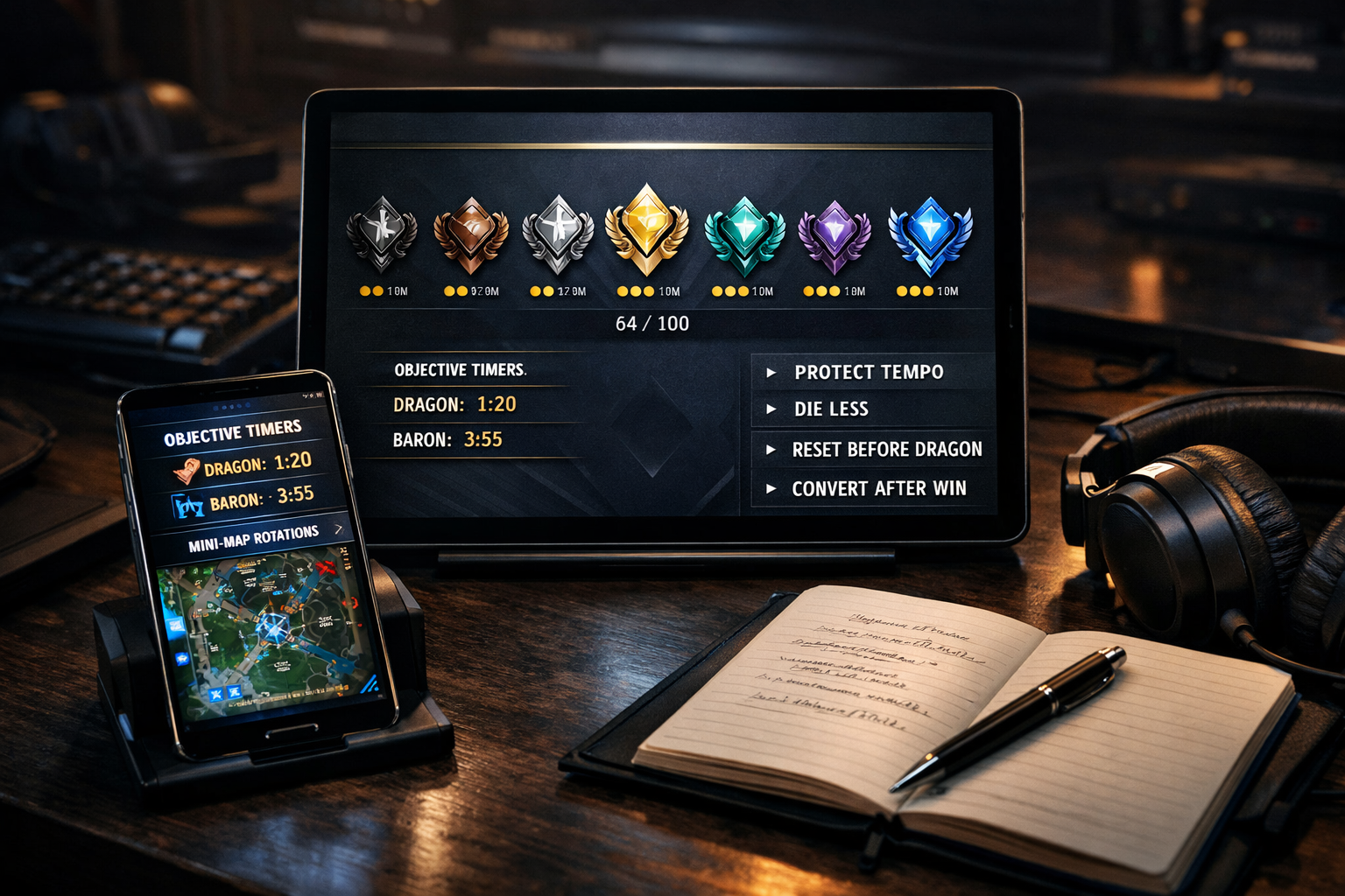 Wild Rift coaching desk scene with ranked review notes about tempo, objective timing, and consistent climbing