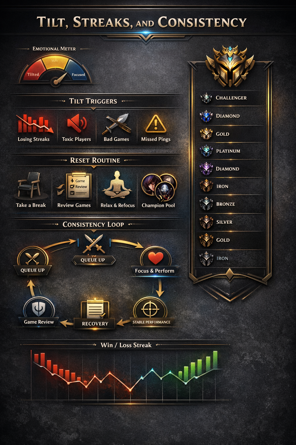 LoL infographic showing tilt triggers, streak management, and solo queue consistency routine