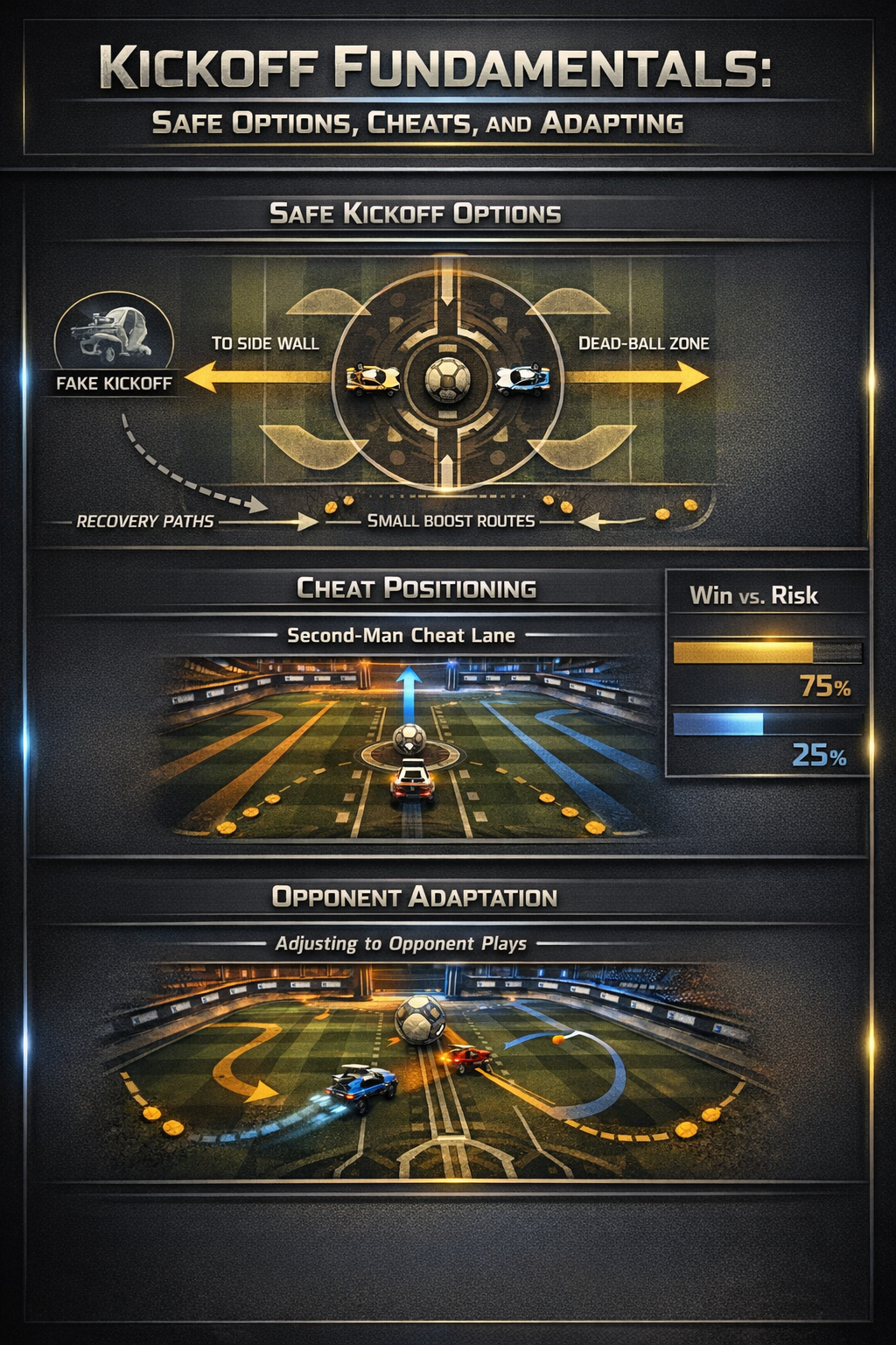  Rocket League kickoff strategy infographic with safe options, cheats, and adaptation tips