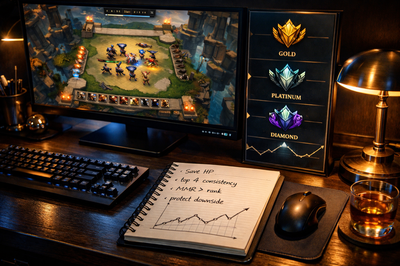  Teamfight Tactics ranked coaching desk scene with LP gain notes, MMR strategy tips, and climb planning setup.