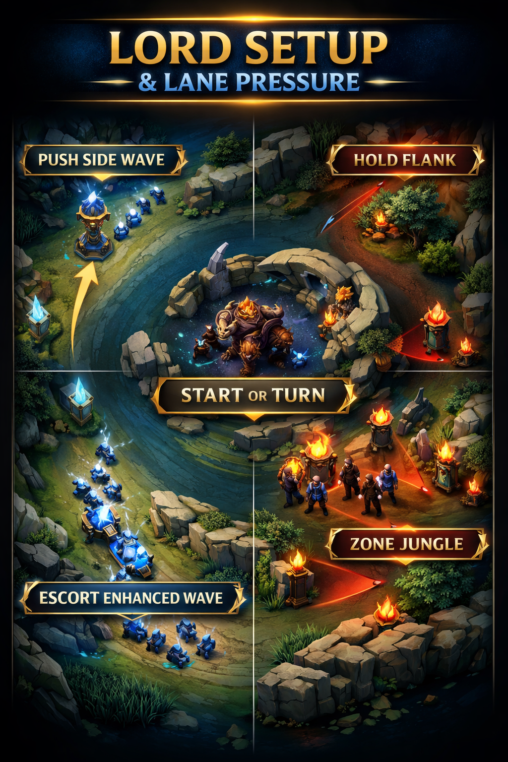 Mobile Legends Lord setup infographic with side-wave control and macro decision making