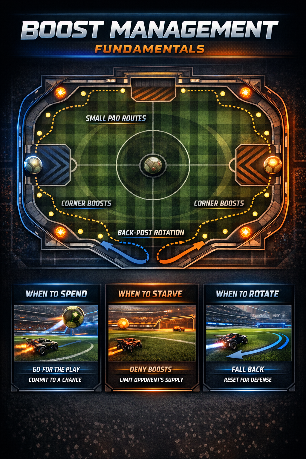 Rocket League boost management infographic with small pad routes, back-post rotation, and boost starvation concepts