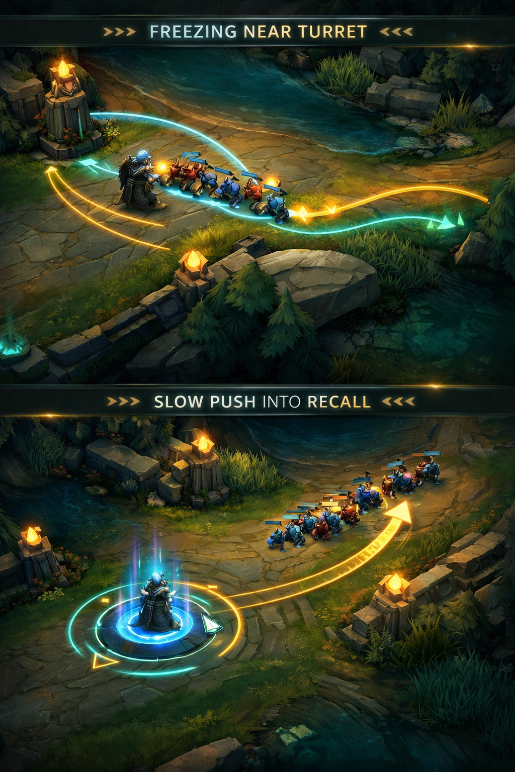 Wild Rift lane strategy scene demonstrating freeze, slow push, crash timing, and recall setup.