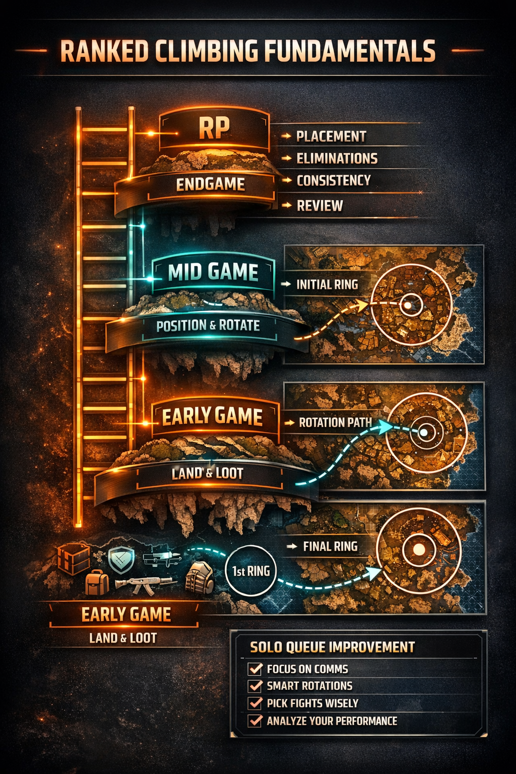 Apex Legends ranked climbing infographic covering RP, placement, rotations, and consistency tips