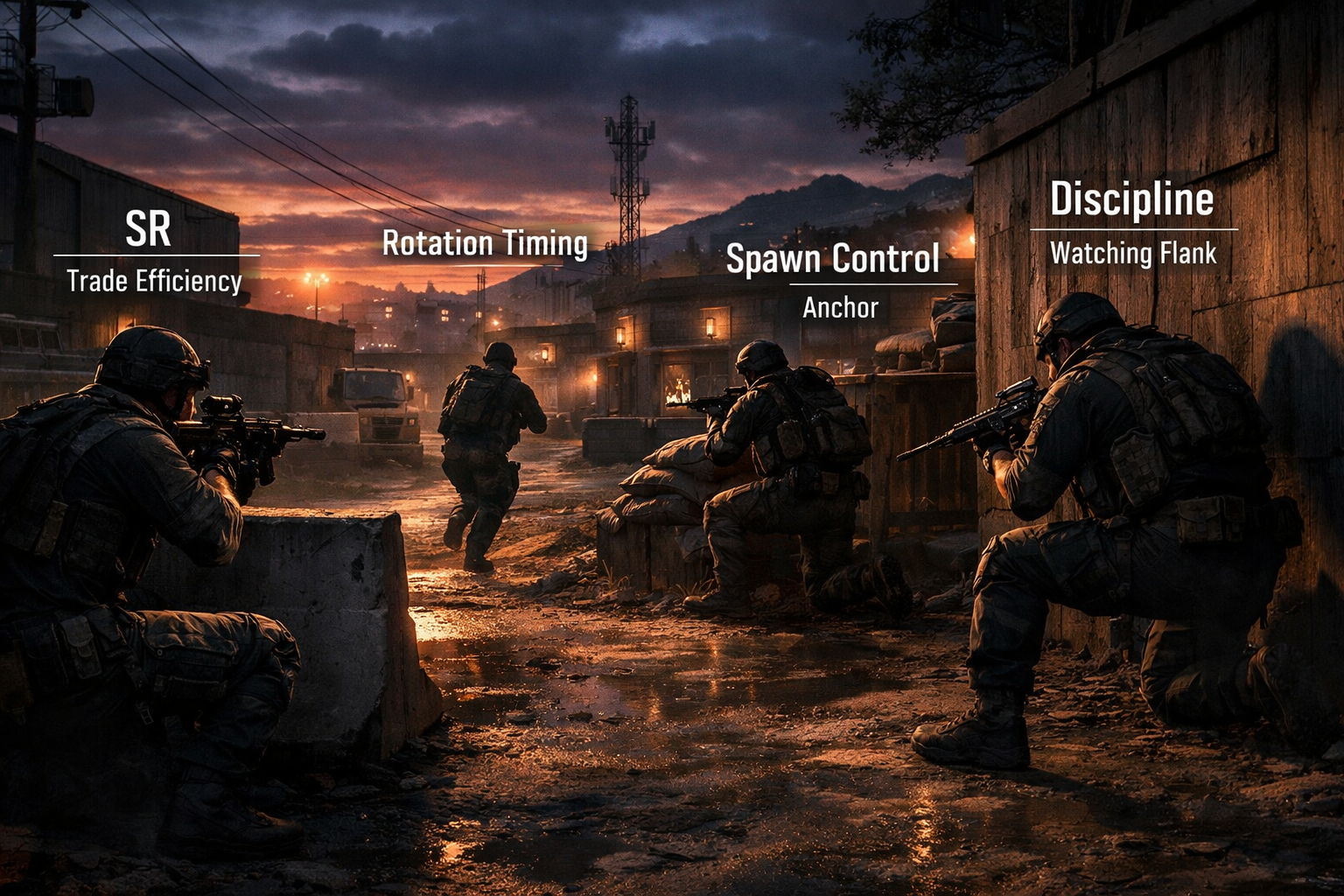 Cinematic CoD BO6 Ranked Play strategy scene focused on rotations, spawn control, and disciplined team play. 