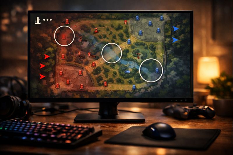 LoL minimap training concept with glance checkpoints to avoid ganks 