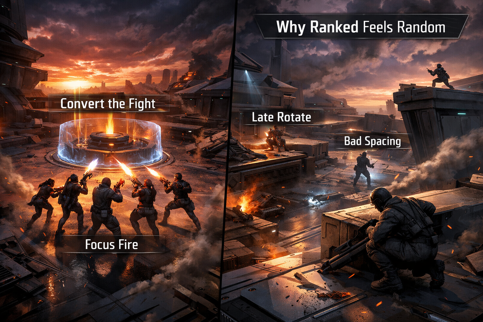 Cinematic Marvel Rivals ranked strategy image showing coordinated objective play versus chaotic positioning in competitive matches.