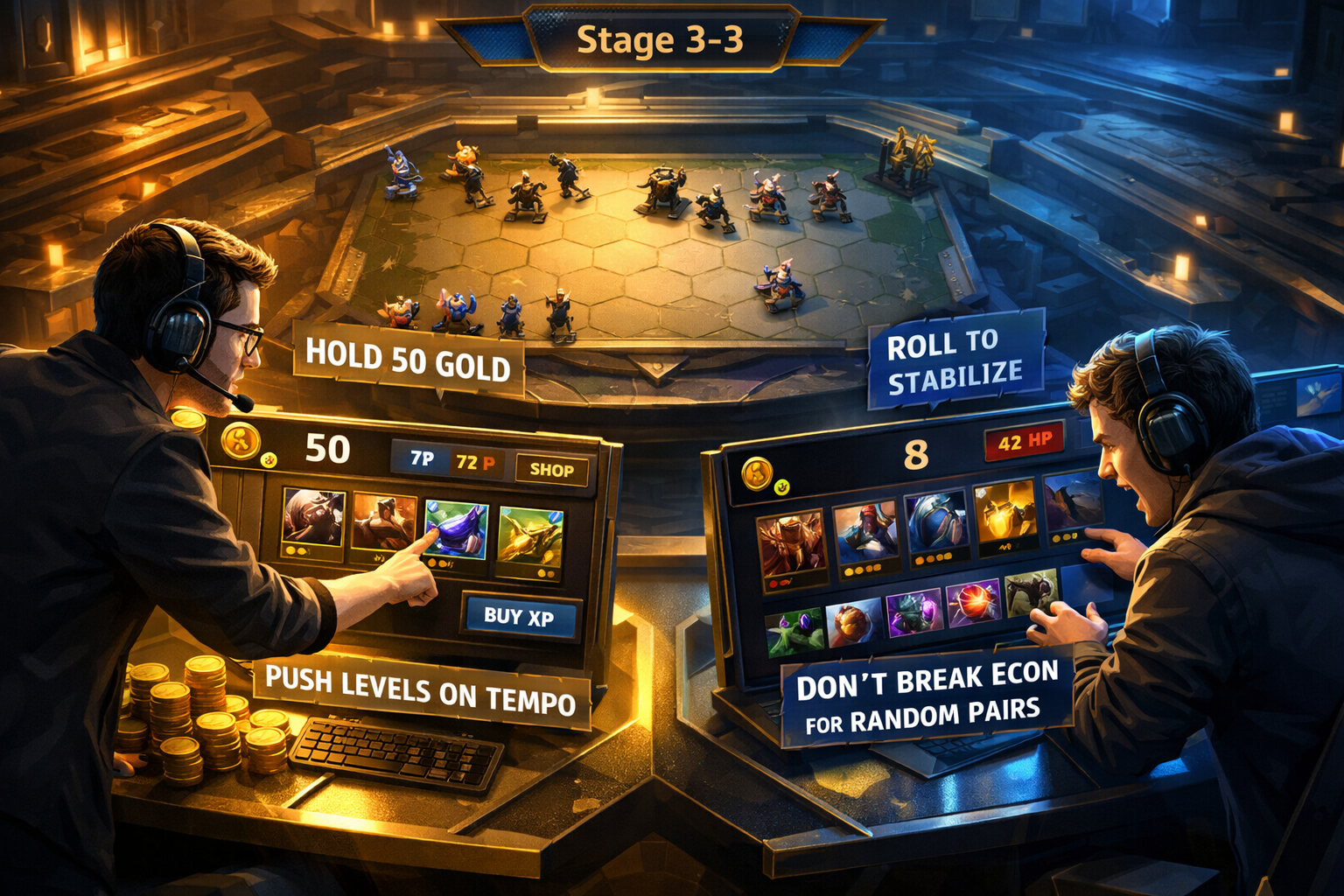Teamfight Tactics economy coaching scene with disciplined leveling and rolling decisions