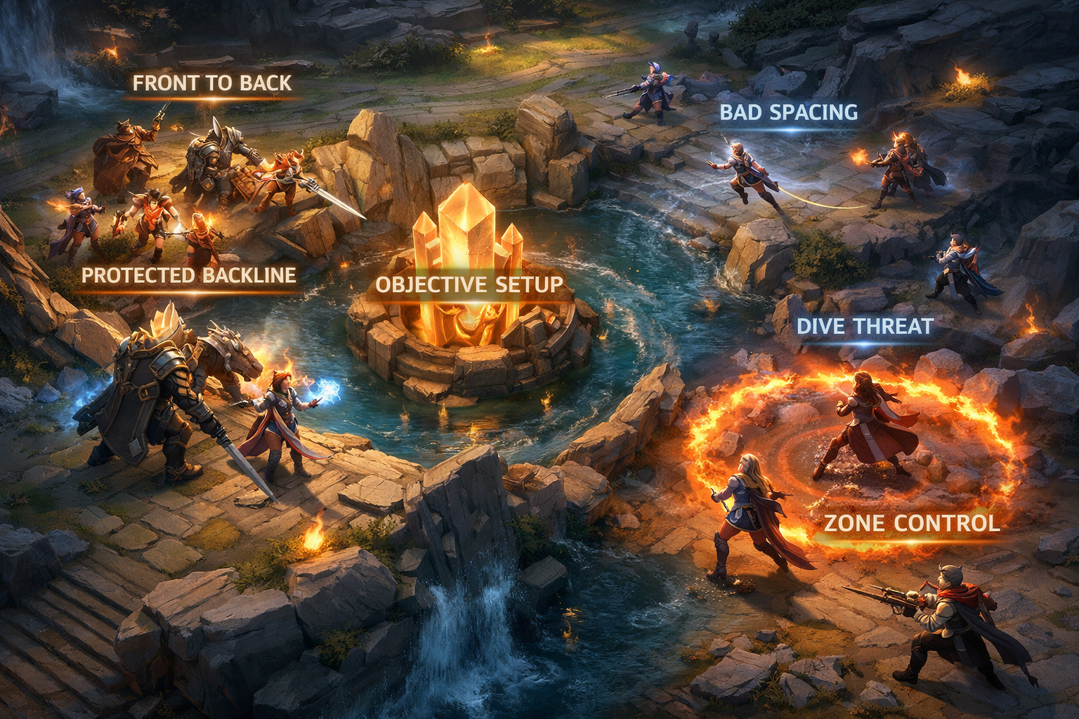  Mobile Legends teamfight composition scene showing a balanced draft with frontline, backline protection, and objective control