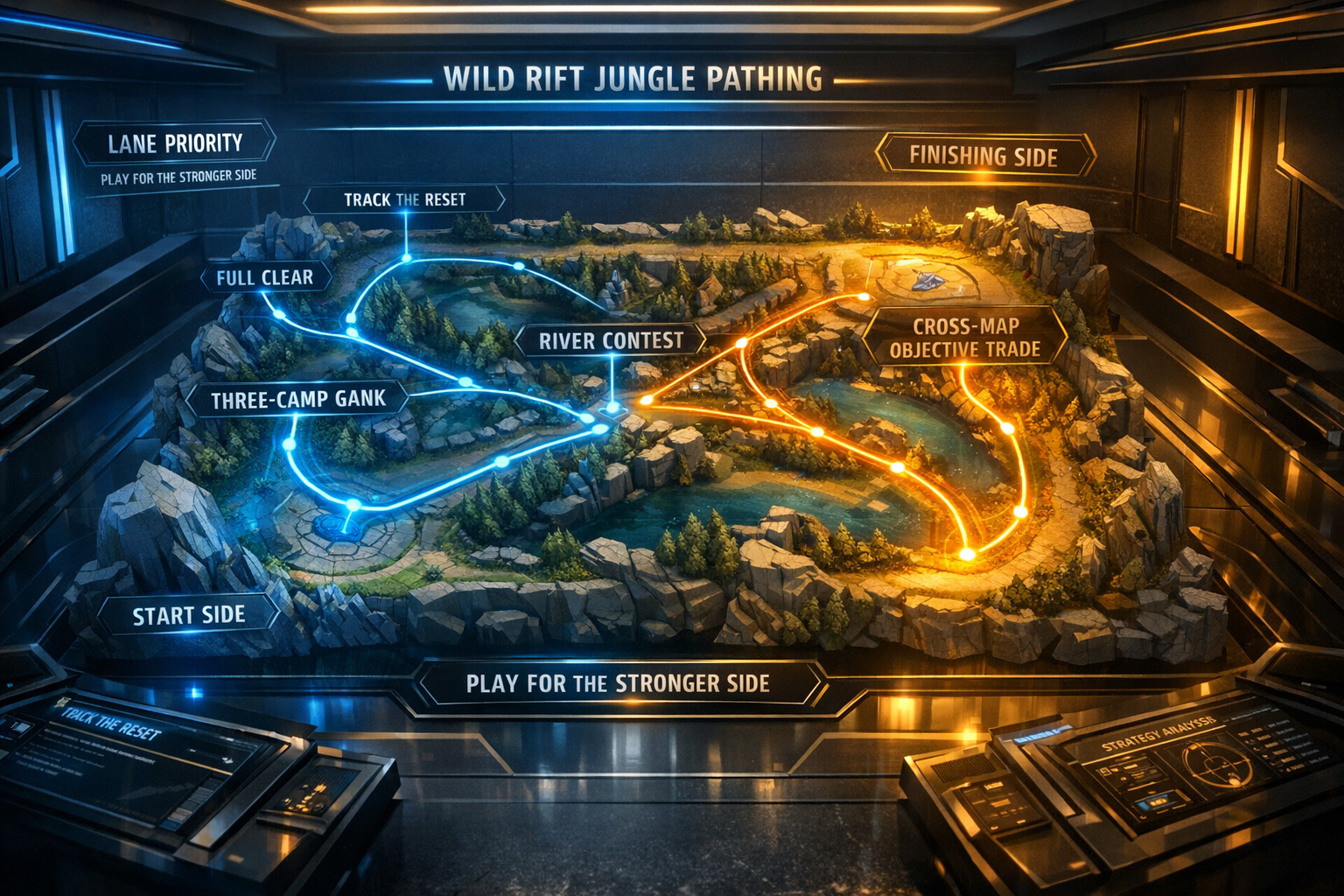 Wild Rift jungle tracking infographic showing start side, pathing options, vision routes, and objective call logic.