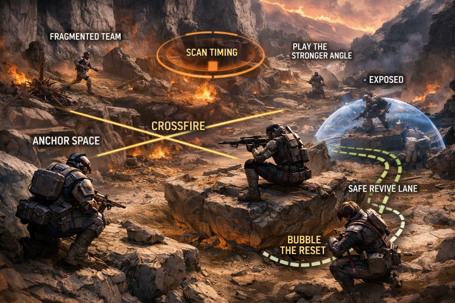Apex Legends endgame coaching scene showing squad synergy, positioning, support timing, and crossfire setup