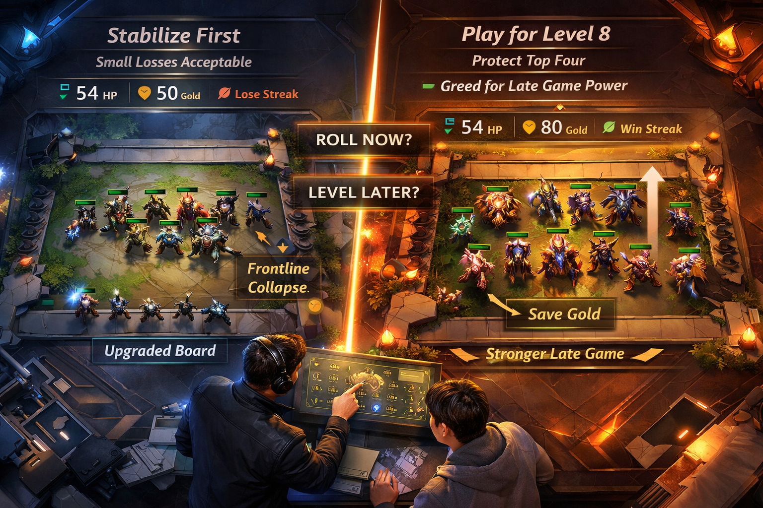  Teamfight Tactics coaching scene explaining when to roll down for stabilization and when to greed economy for a stronger late-game board.
