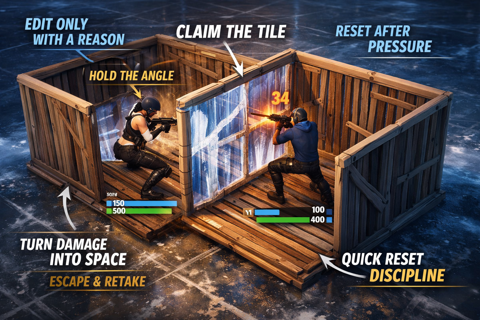 Fortnite box fight fundamentals infographic showing right hand peeks, edits, resets, and tile control