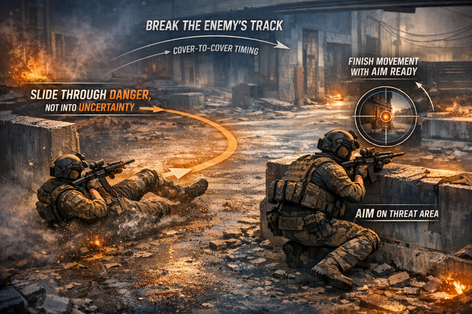  CoD BO6 slide timing coaching infographic showing cover-to-cover movement and post-slide aim readiness