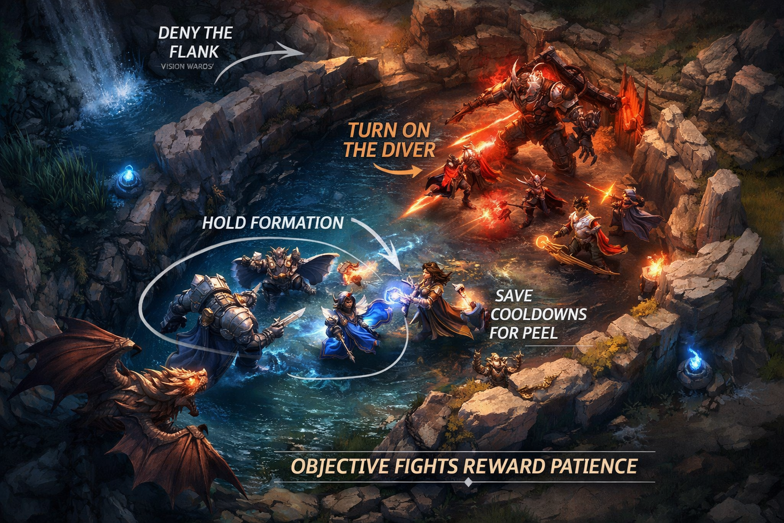 Wild Rift dragon fight guide image showing choke-point control, patient engage, carry peel, and smart target focus