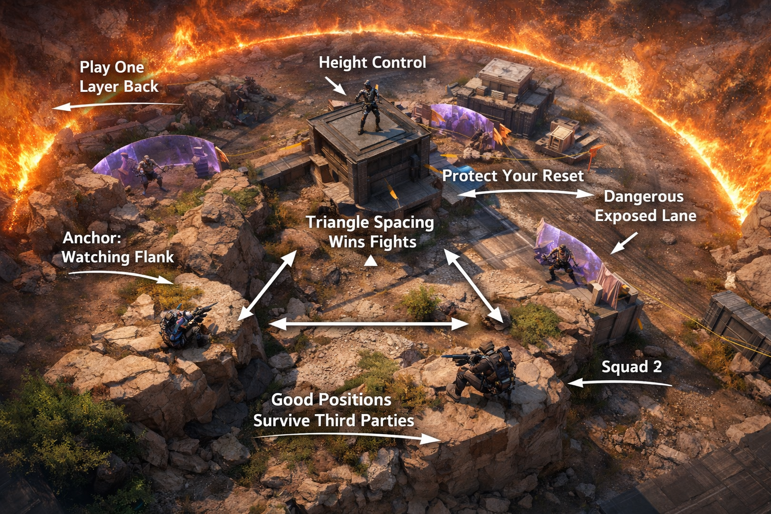 Apex Legends endgame positioning illustration showing triangle spacing, cover control, and third-party awareness