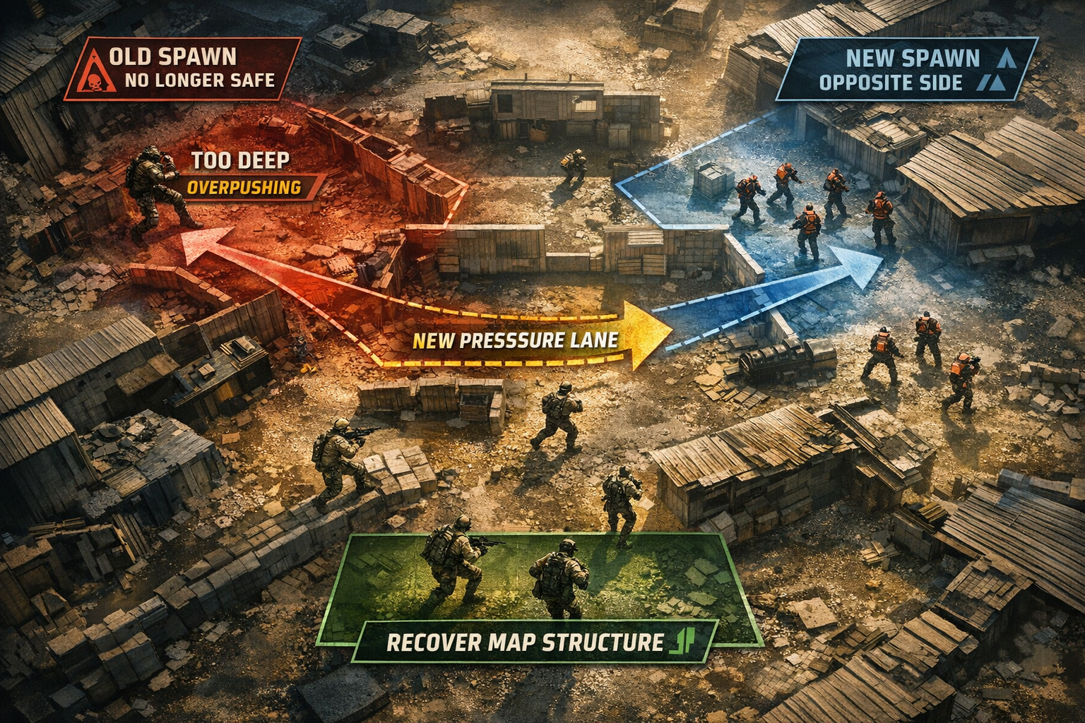 CoD BO6 spawn flip infographic showing how overpushing changes enemy respawn locations and lane pressure