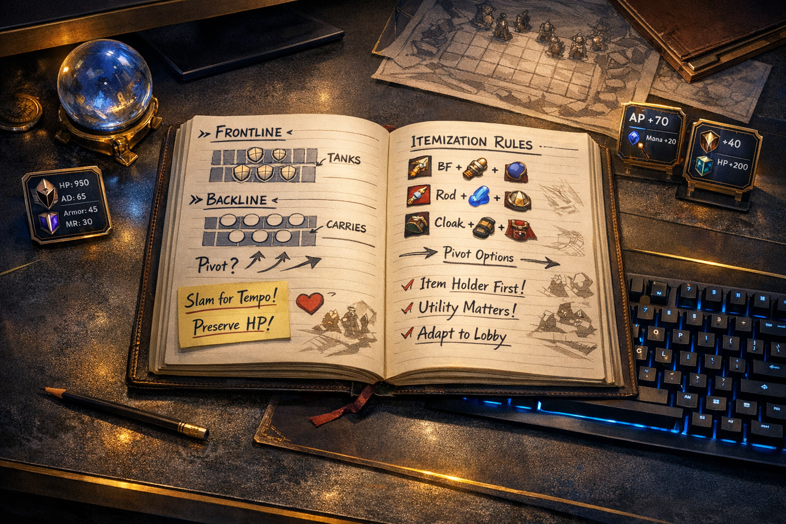 Teamfight Tactics coaching desk with timeless itemization principles for flexible TFT play