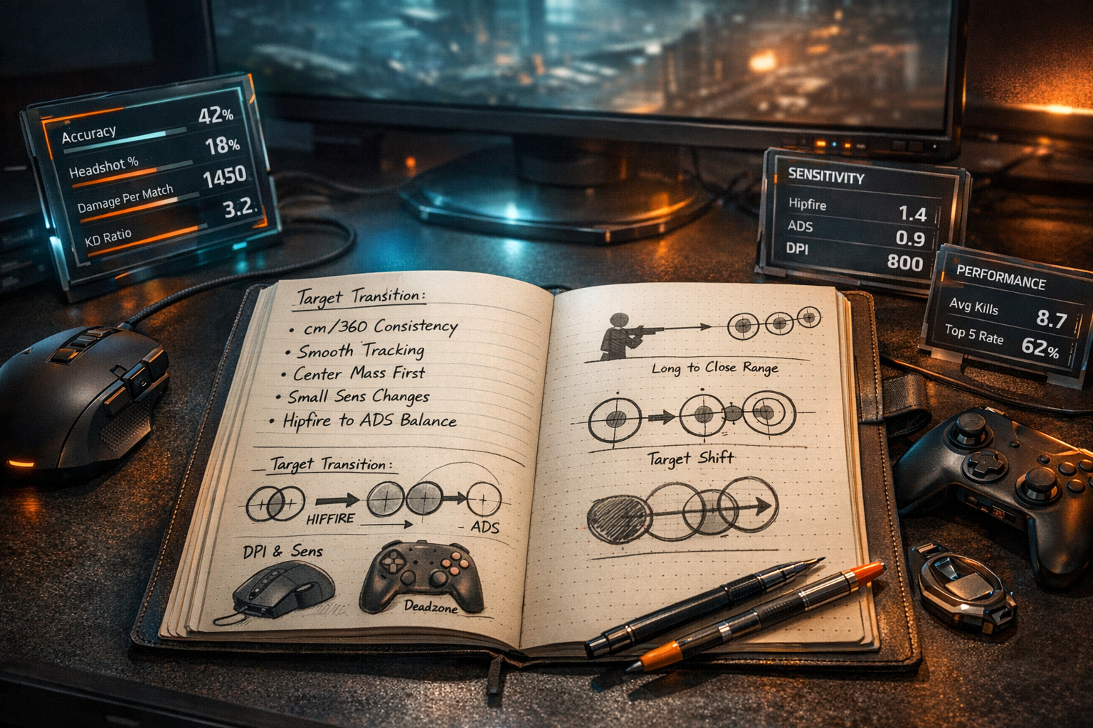 Apex Legends tracking and sensitivity setup coaching desk scene with notebook and aim training notes