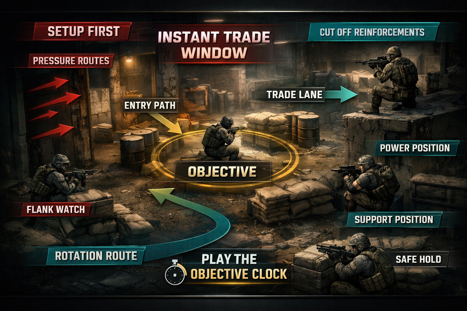 Black Ops 6 objective play infographic showing setup, trade lanes, and rotation timing