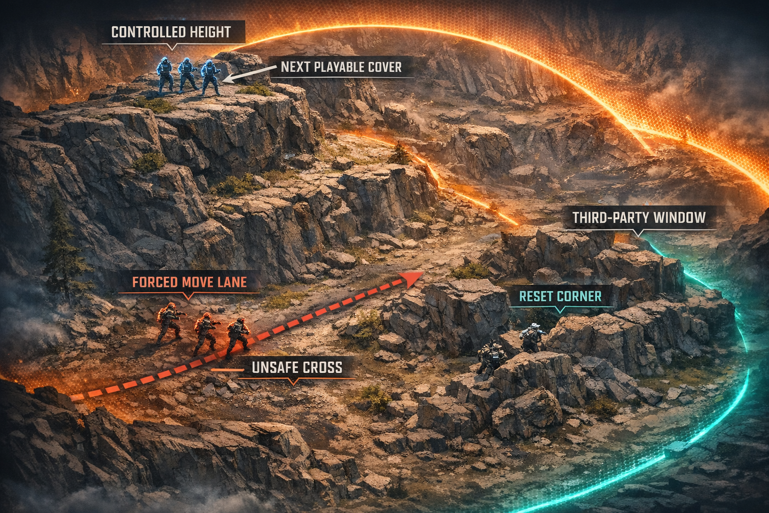 Apex Legends endgame infographic showing final circle positioning, sustainable height, and third-party timing