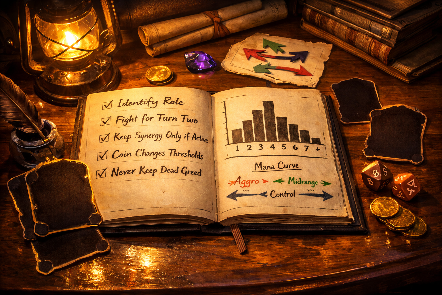 Hearthstone mulligan strategy desk scene with notebook notes on curve, matchup reads, and opening hand planning