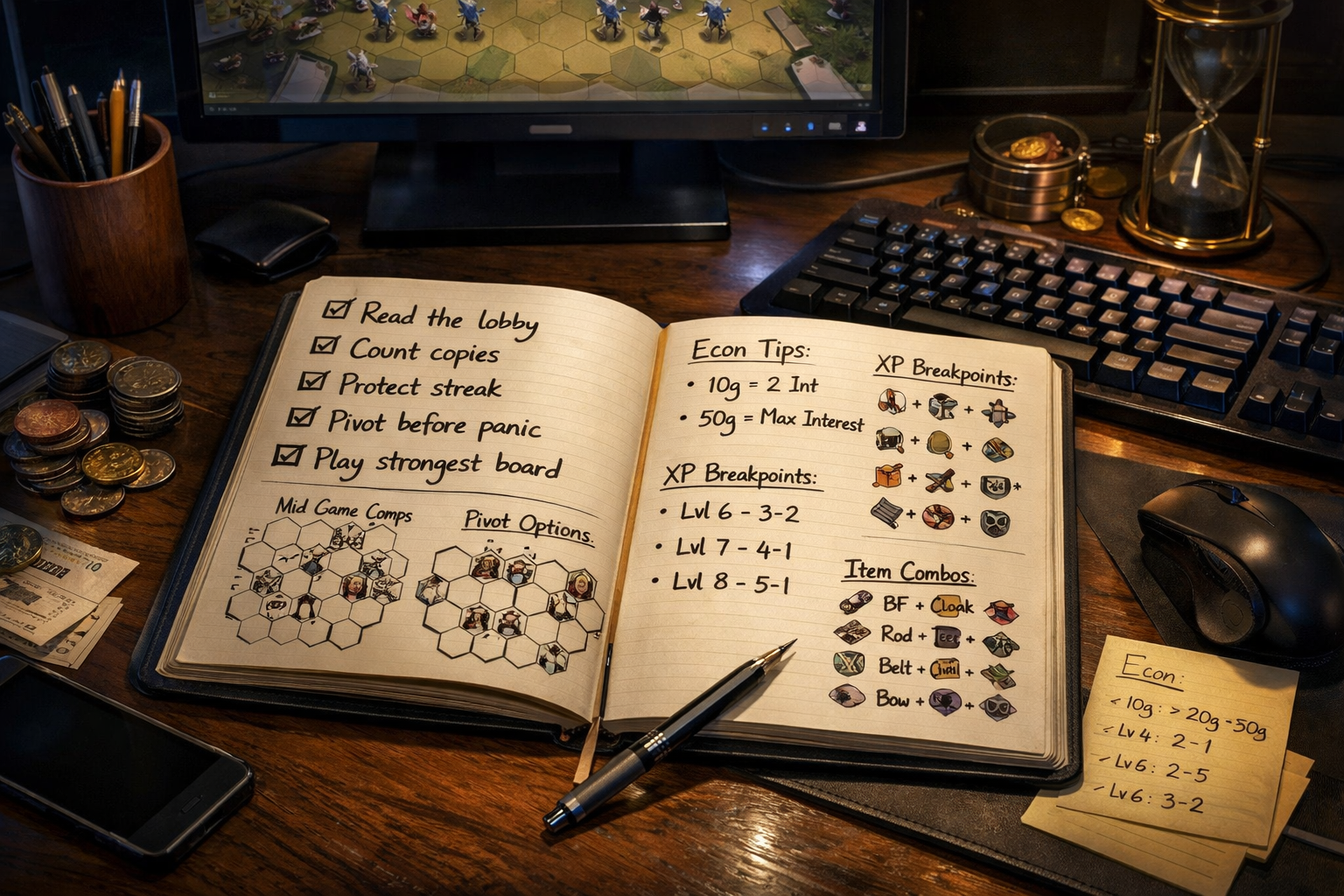 Teamfight Tactics strategy desk scene about scouting the lobby and pivoting without panic