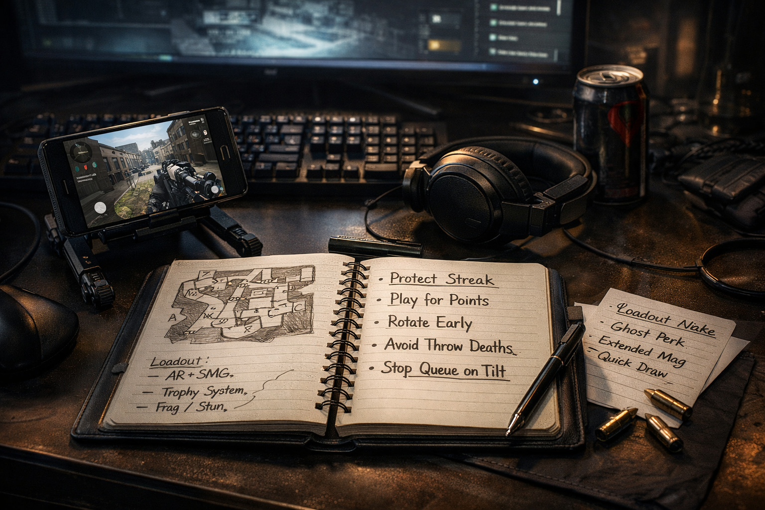 CoD Mobile ranked coaching desk scene with climb habits, loadout notes, and practical strategy for ranking up