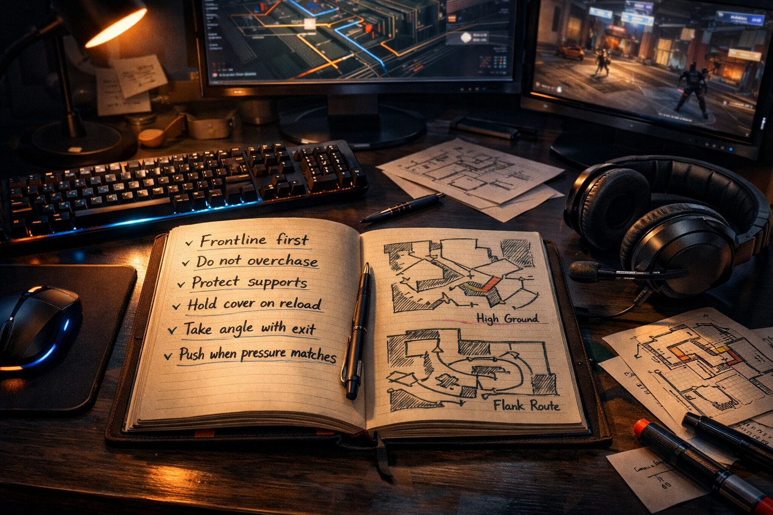  Marvel Rivals coaching desk scene with positioning notes about frontline pressure and backline safety