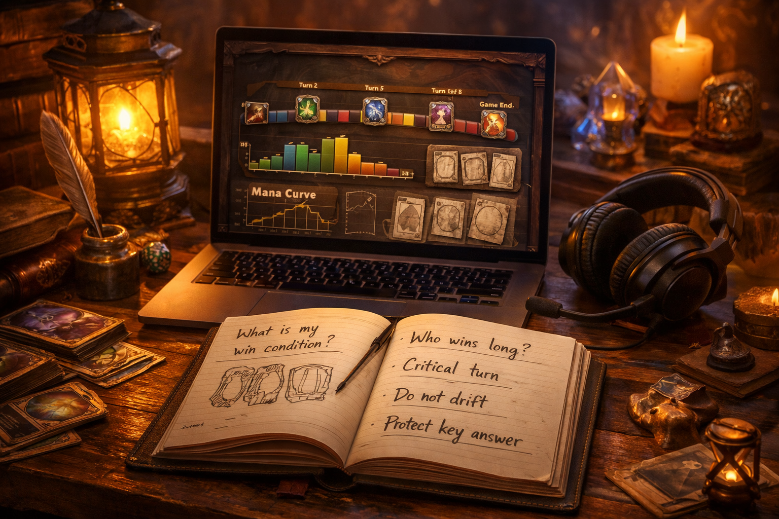 Hearthstone coaching desk scene with replay notes, win-condition reminders, and strategy review setup